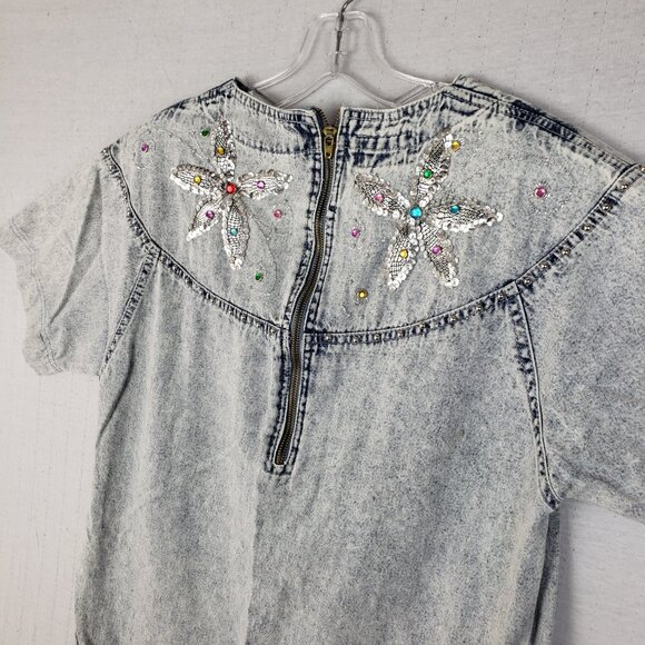 Vintage 80s 90s Andiamo Italia Boxy Dress Acid Wash Sequined Beaded size M Denim - Picture 10 of 12